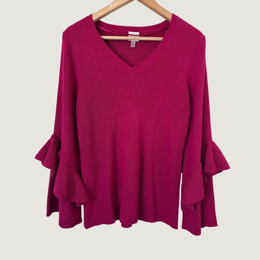 Cupio Magenta Pink Ribbed V-Neck Sweater Ruffle Bell Sleeve Boho L Feminine